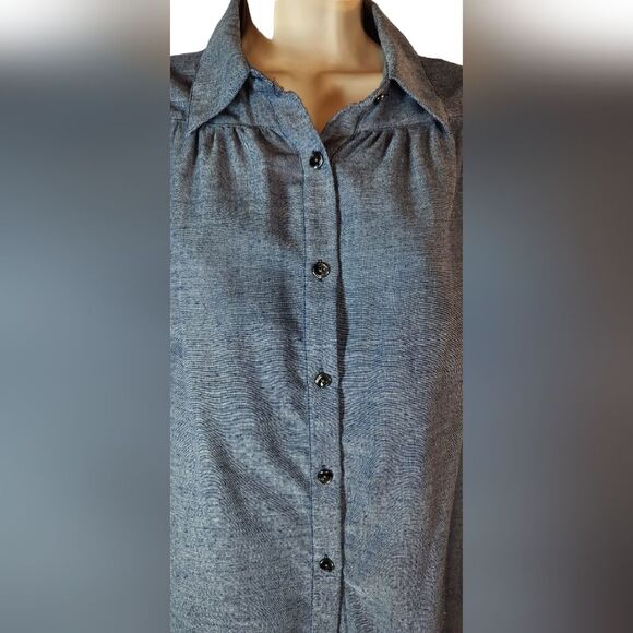 Cabi Top Tunic Blue Chambray Drape Open Back Hi Low Blouse Flowy Button‎ 387 S - Picture 5 of 13